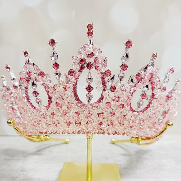 Wedding Crown, Pink Crystal Crown, Bridal Jewelry, Silver Bridal Headpiece main image 8